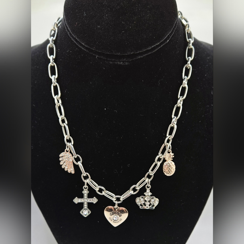GUESS Charm Necklace Two Tone Five Charms 15" Chain Plus 2" Extender